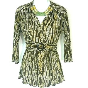 Top tunic wrap belted flowy animal print v neck brown Ivory